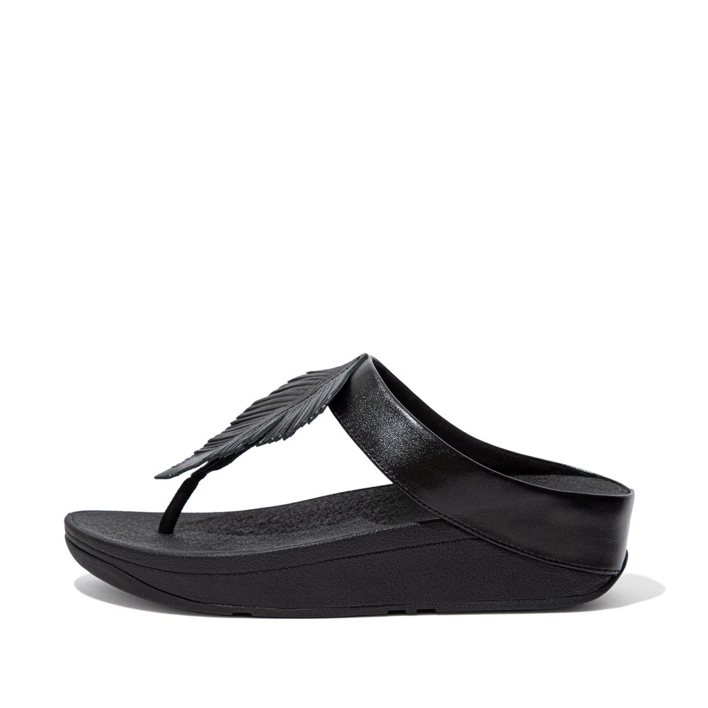 Fitflop Womens Sandals - Fino Feather Metallic Toe-post - Black - 038-HQXOFU